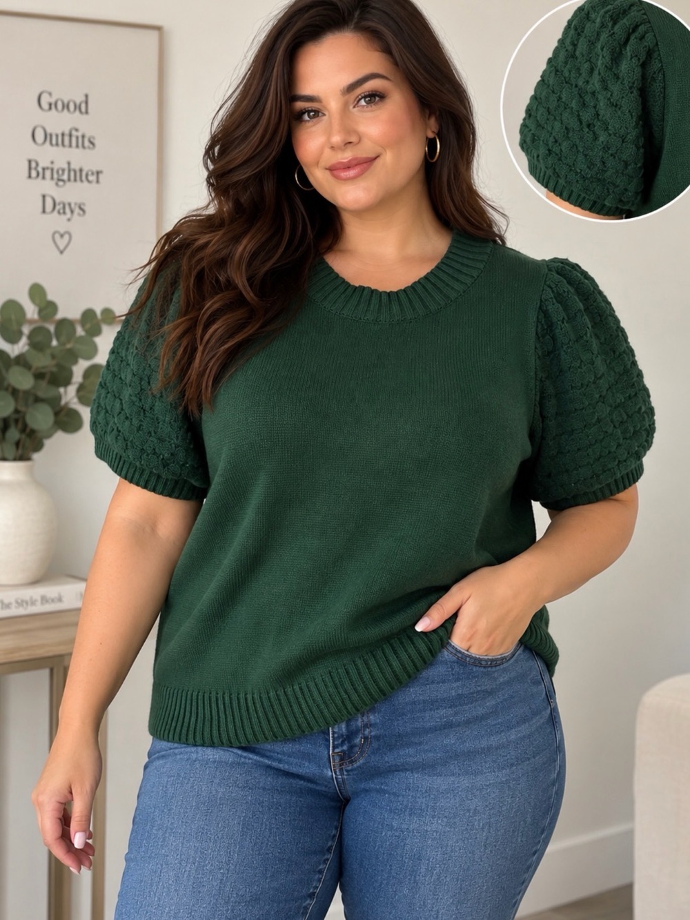 Sugarlips Dark Green Puff Sleeve Crewneck Sweater